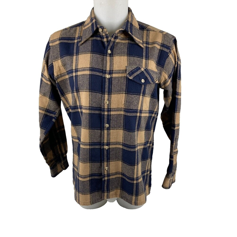 H Baskin Men Large Plaid Long Sleeve Flannel Shirt Blue Tan Pittsburgh